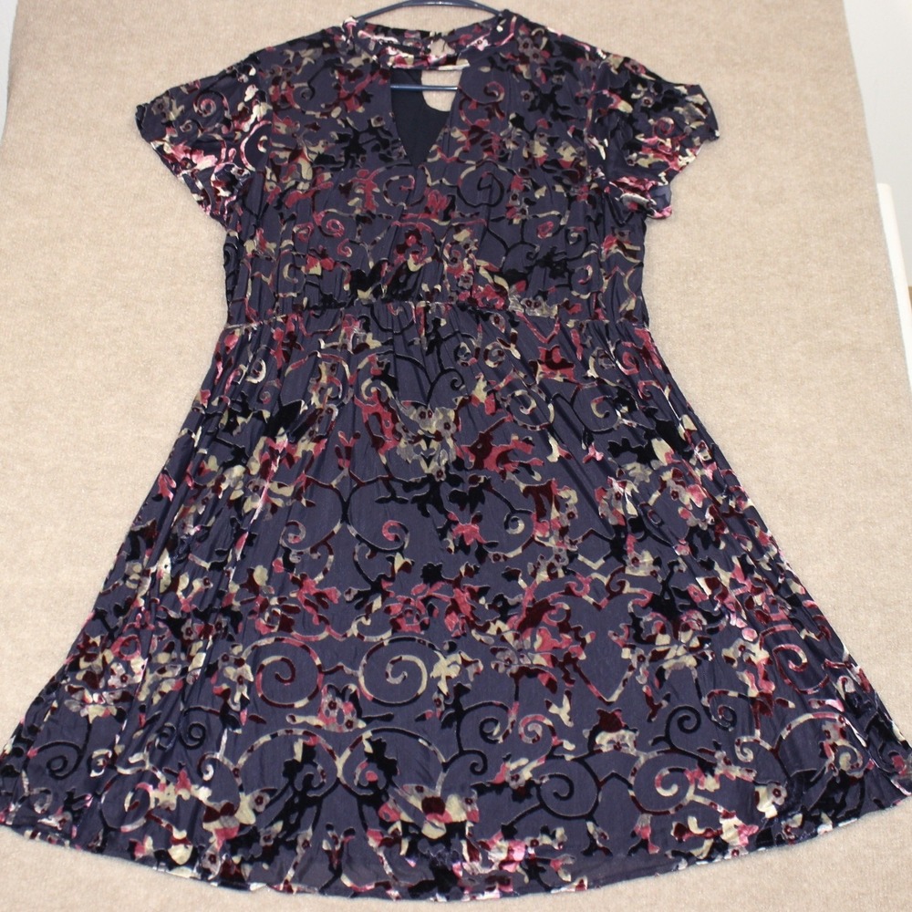 Bongo Womens XL Velvet Burnout Dress Navy Blue Floral Keyhole Mock Neck Skater
